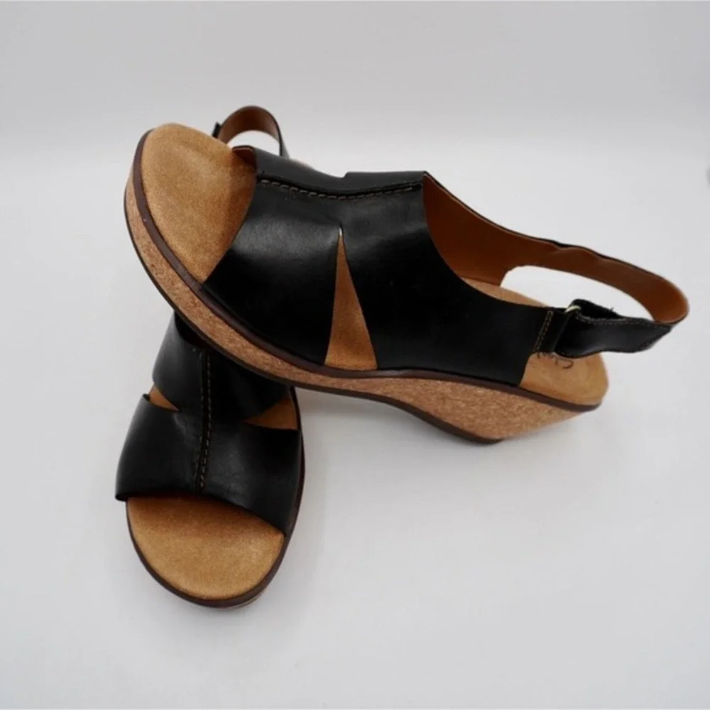 Clarks Rosemund Dune Black Leather Cork Wedge Sandals 11 M Resortwear 35-01-01